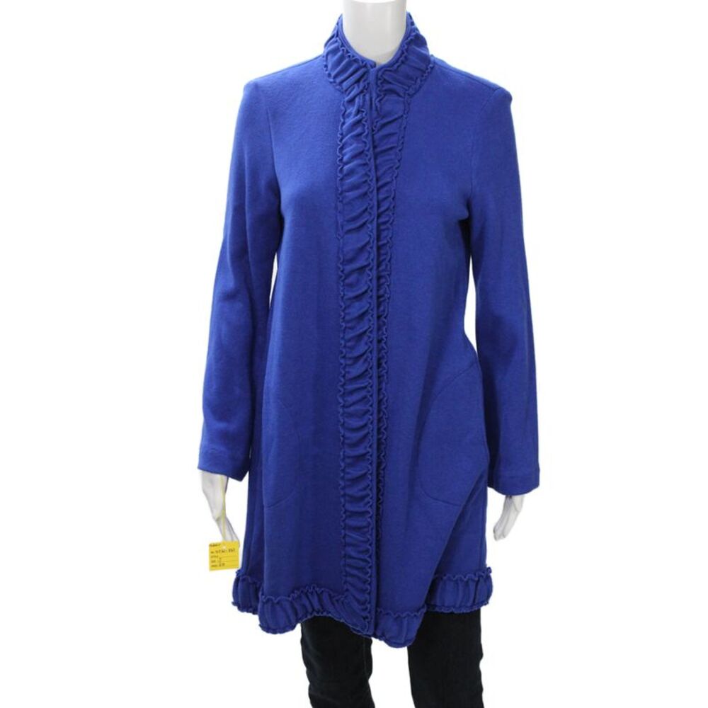 Pure Essence Women Coatigan Solid Blue High Neck Long Sleeve Size S